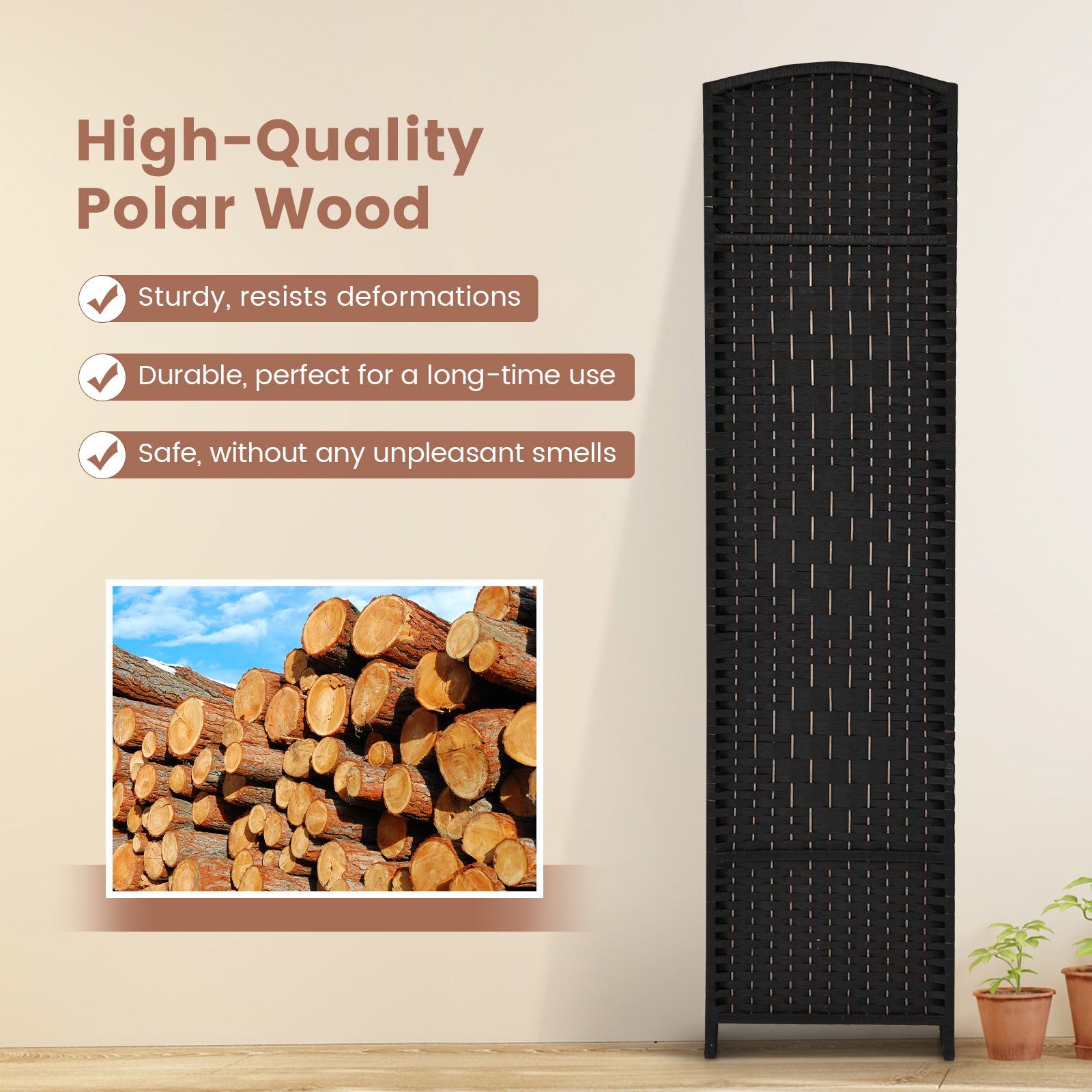 6 Panel Folding Room Divider with Hand-Woven Wicker for Home Office-Black