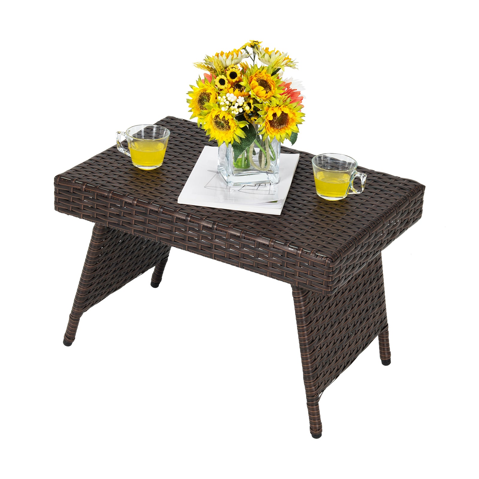 Patio Wicker Folding Coffee Table with Sturdy Steel Frame