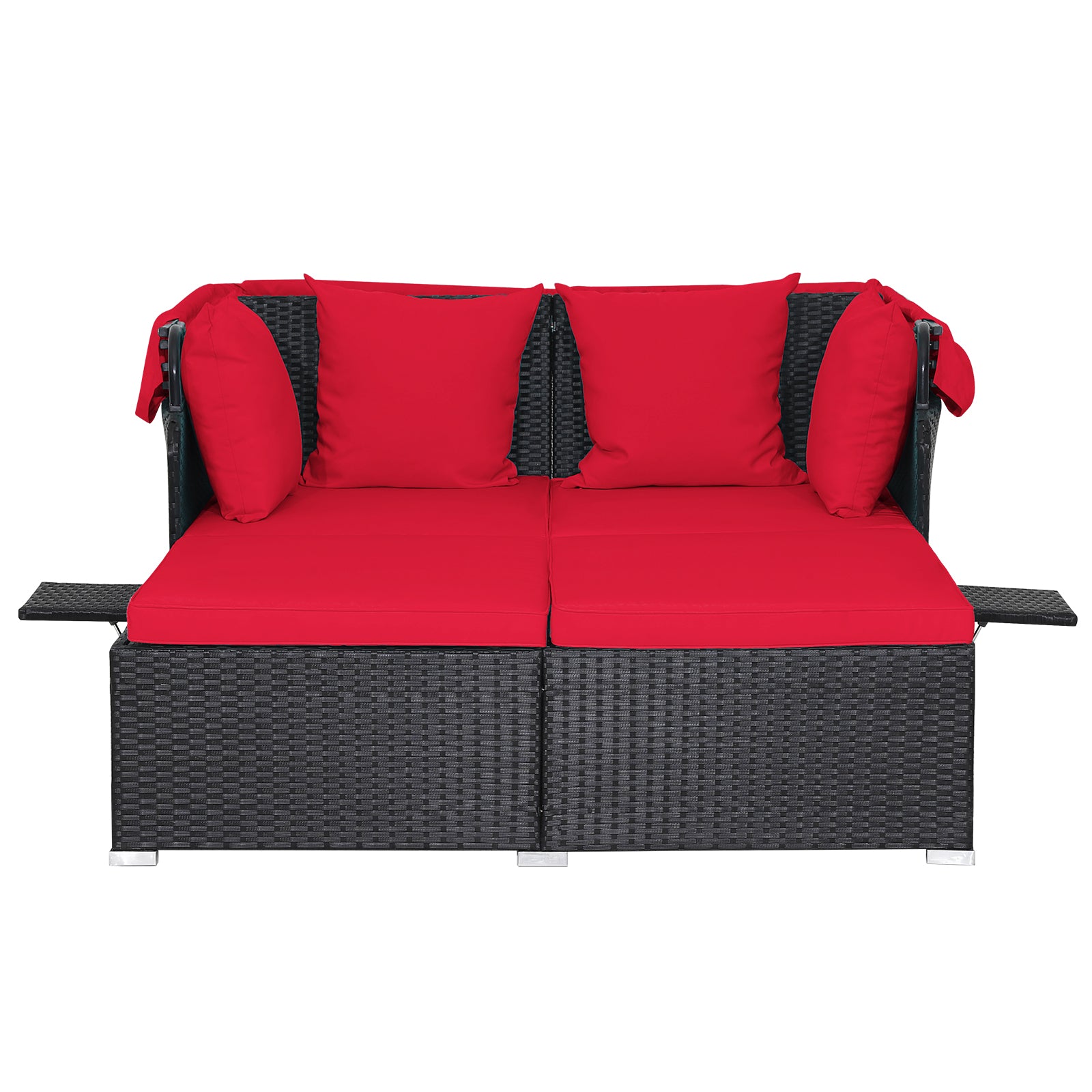 Garden Rattan Daybed with Retractable Canopy and Cushions-Red