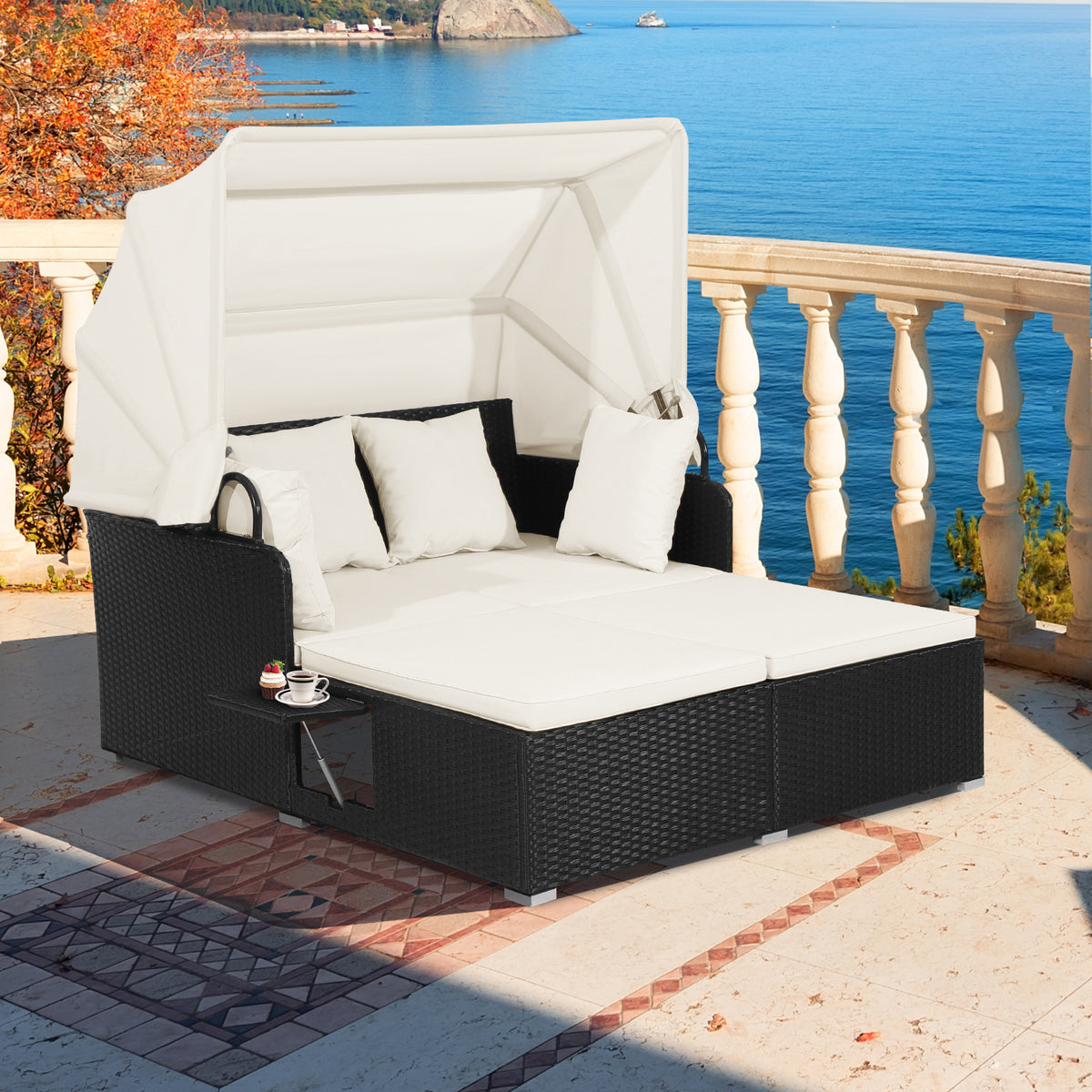 Patio Rattan Daybed with Retractable Canopy and Side Trays and Cushions-White