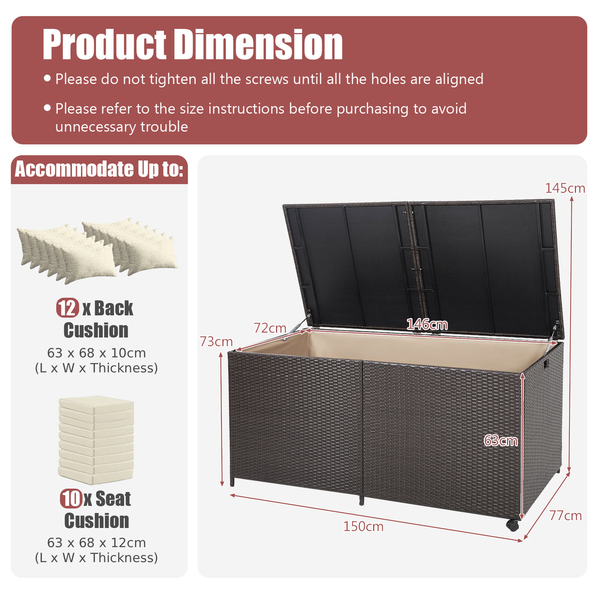 Rectangular PE Wicker Deck Box with Wheels and Zippered Liner for Outdoor-Brown