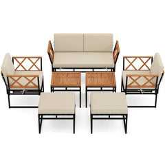7 Piece Outdoor Conversation Set with Ottomans for Porch-Beige