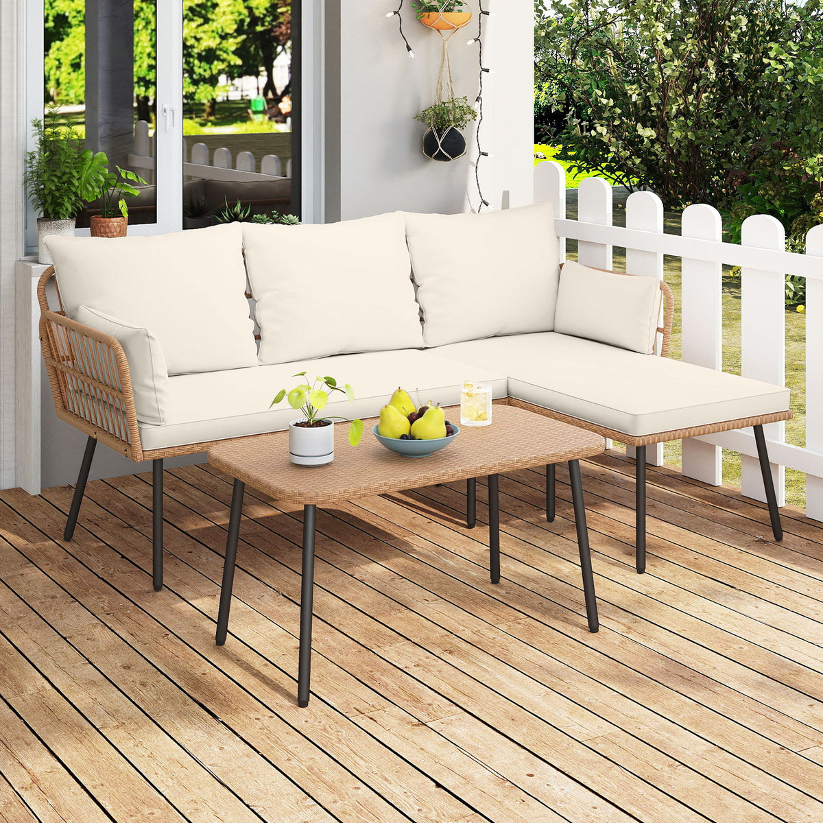 Outdoor L Shape Sofa Set with Coffee Table and Removable Cushions for Porch-White