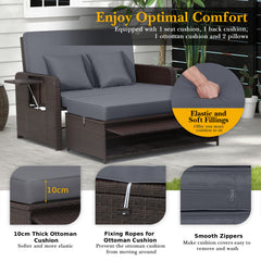 Patio Rattan Daybed Set with Ottoman and Adjustable Backrest-Grey