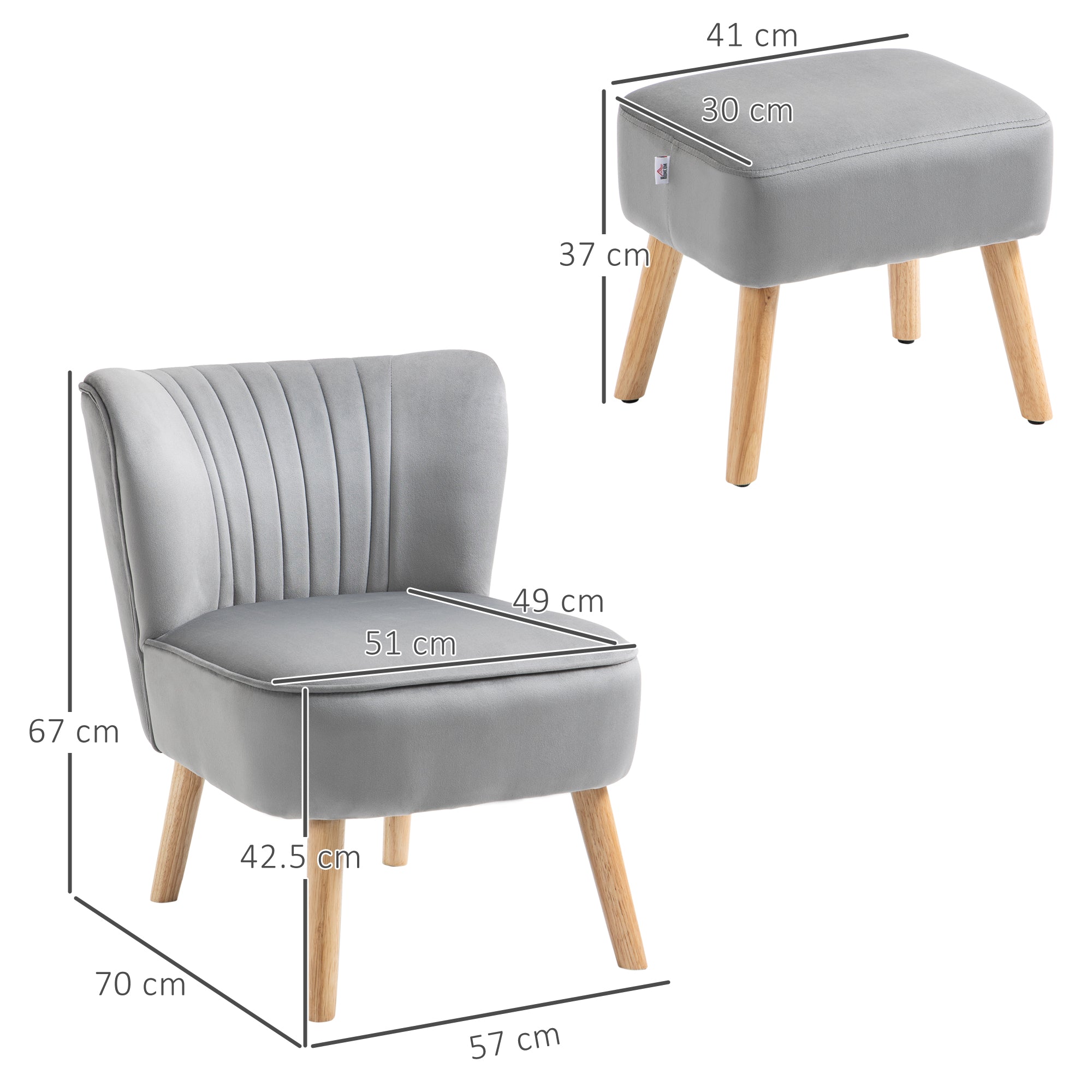 HOMCOM Velvet Accent Chair Occasional Tub Seat Padding Curved Back with Ottoman Wood Frame Legs Home Furniture Light Grey