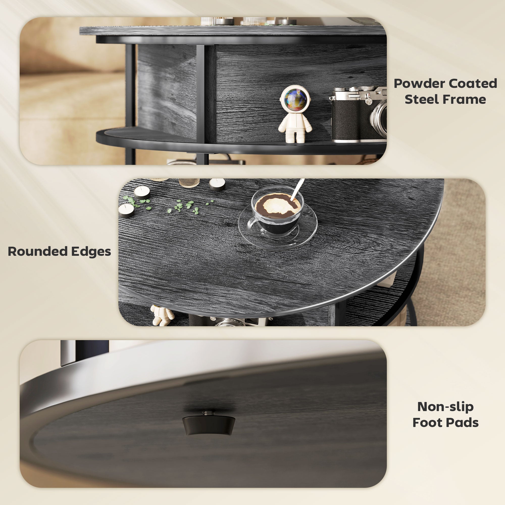 HOMCOM Lift Top Coffee Table, Round Coffee Table with Storage Shelf, Hidden Compartment and Steel Frame for Living Room, Home Office, Charcoal Grey