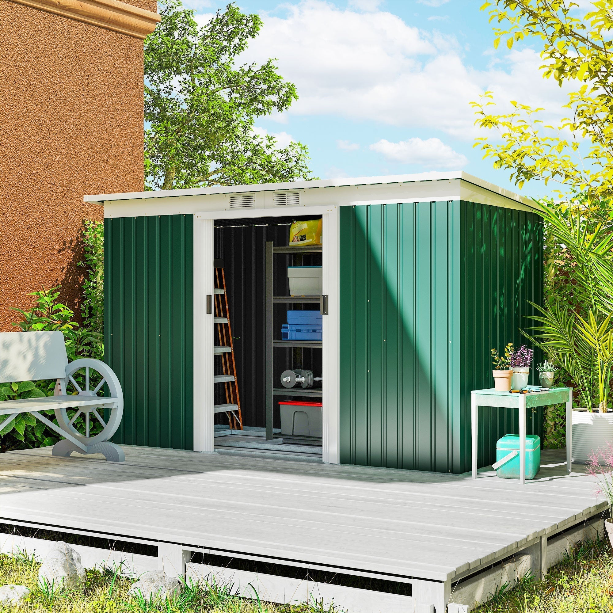 Outsunny 9ft x 4ft Metal Garden Shed, Outdoor Tool House with Foundation Kit, Ventilations and Double Doors, Deep Green