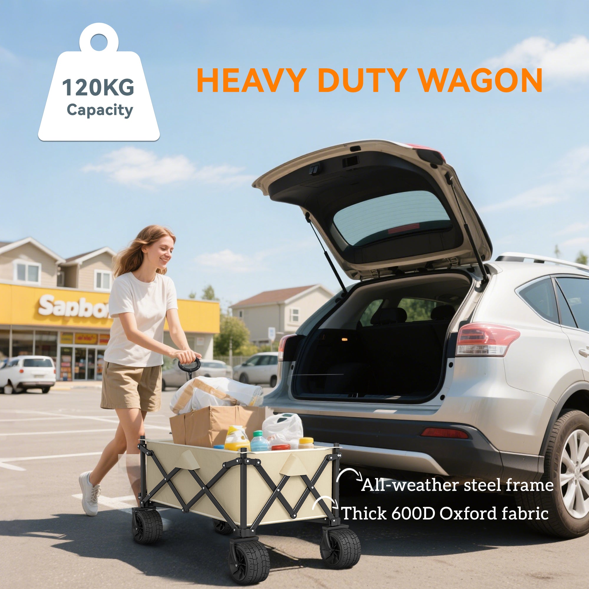 Outsunny Folding Garden Trolley, Outdoor Wagon Cart with Carry Bag, for Beach, Camping, Festival, 120KG Capacity, Khaki