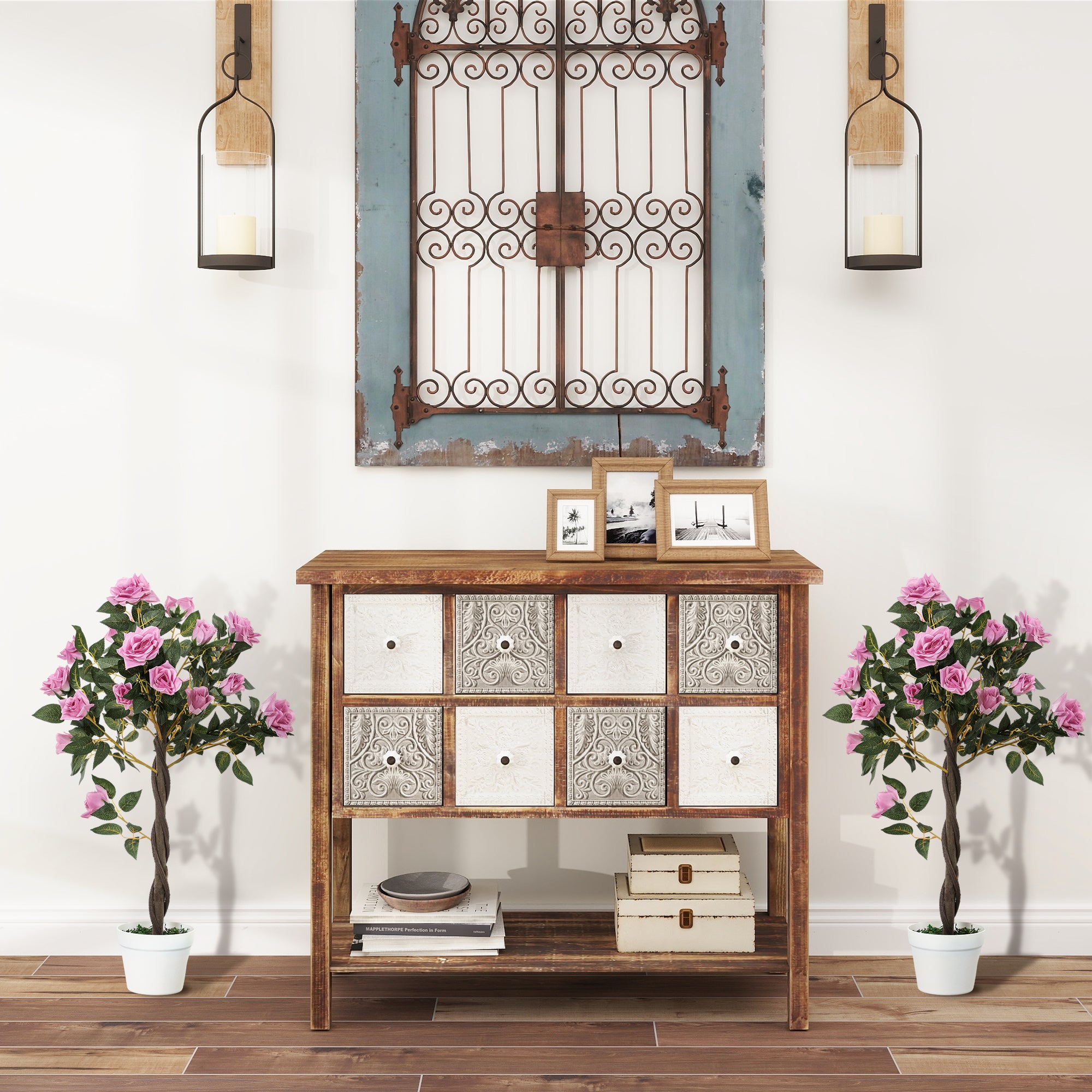 Outsunny Set of 2 Artificial Plants White Rose Floral in Pot, Fake Plants for Home Indoor Decor, 90cm, Purple