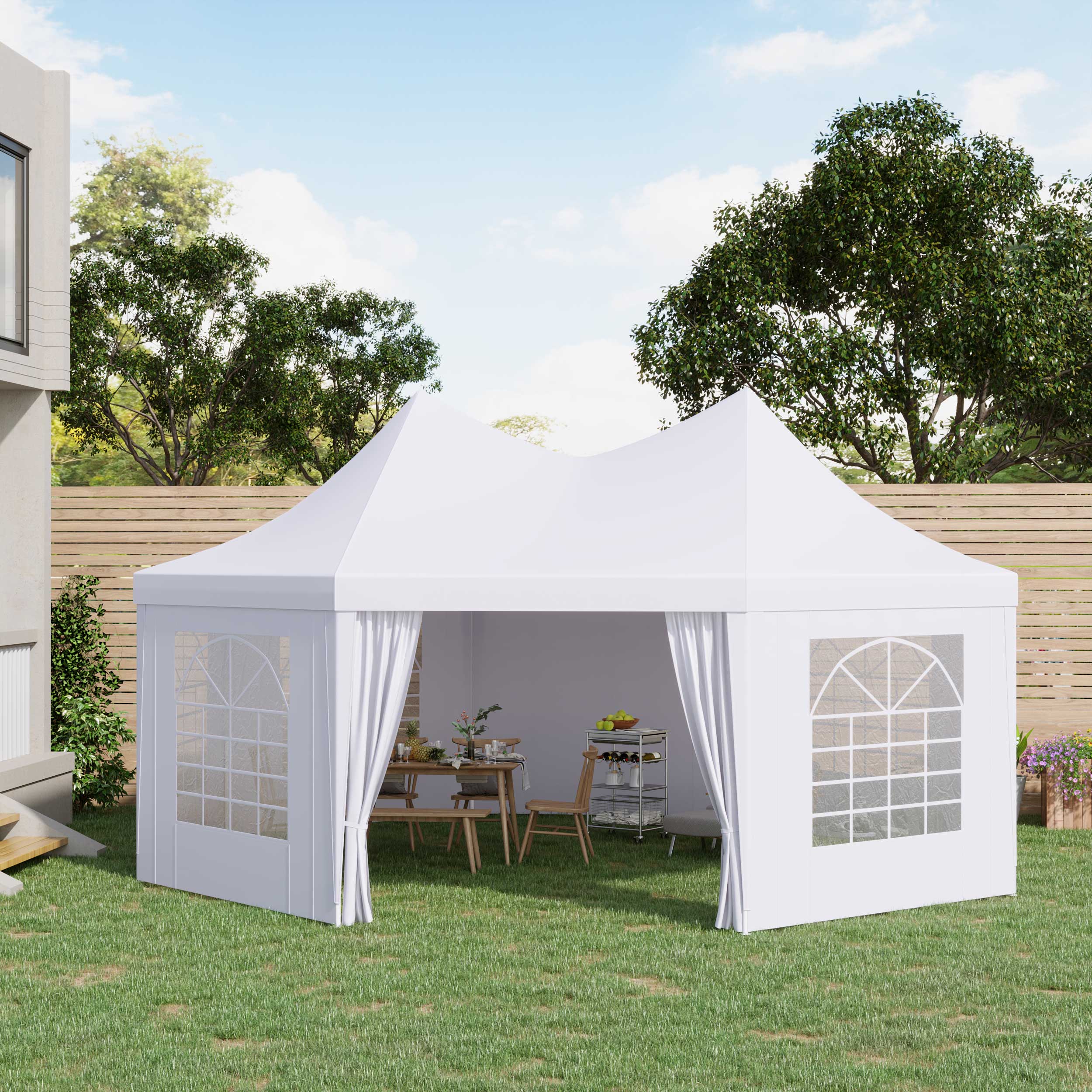 Outsunny 8 Sides Octagonal Garden Gazebo Marquee Party Tent Wedding Canopy Outdoor Heavy Duty Metal Frame (6.8m x 5m) - White