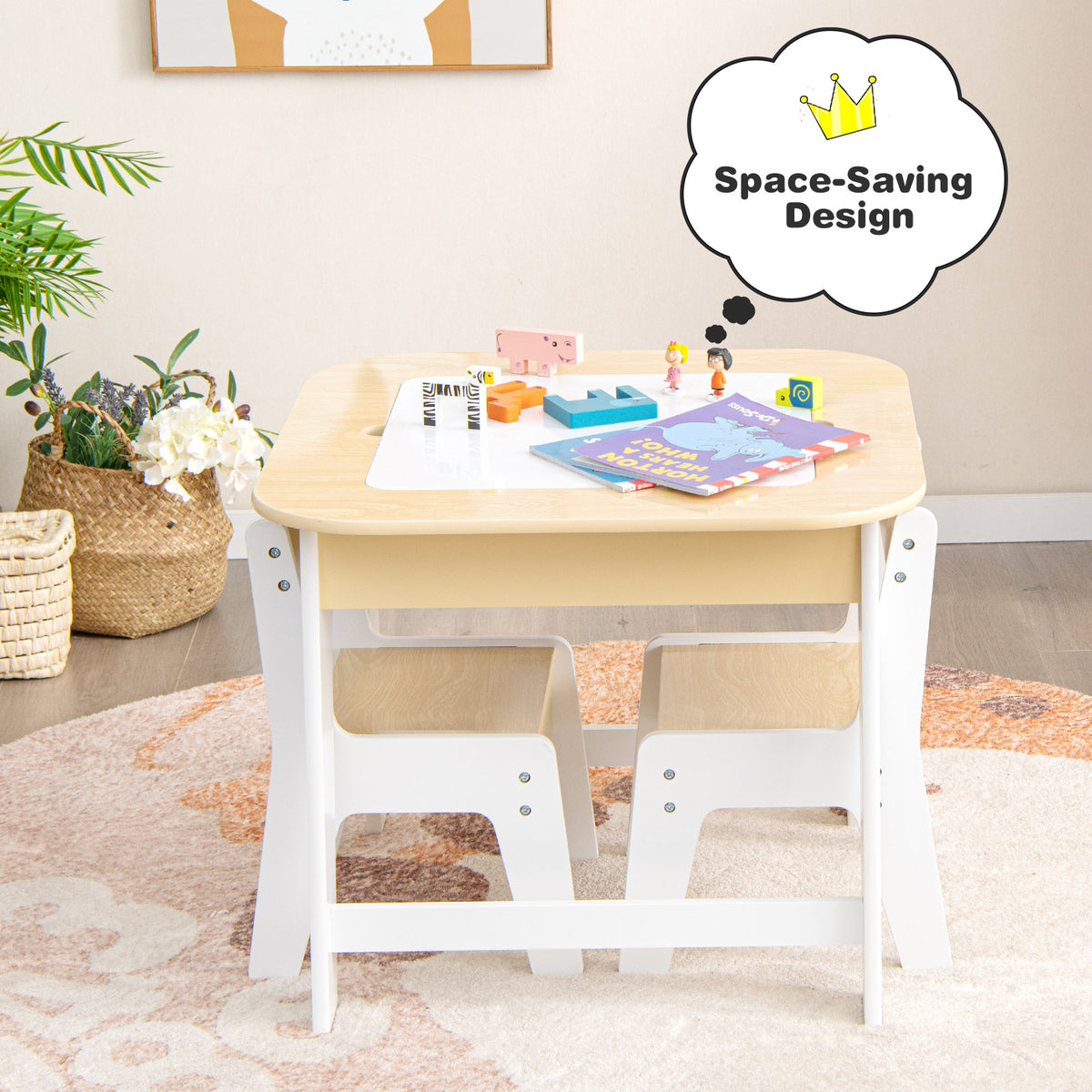 Kids Table and Chairs Set with Double-Sided Tabletop and Hidden Storage-Natural