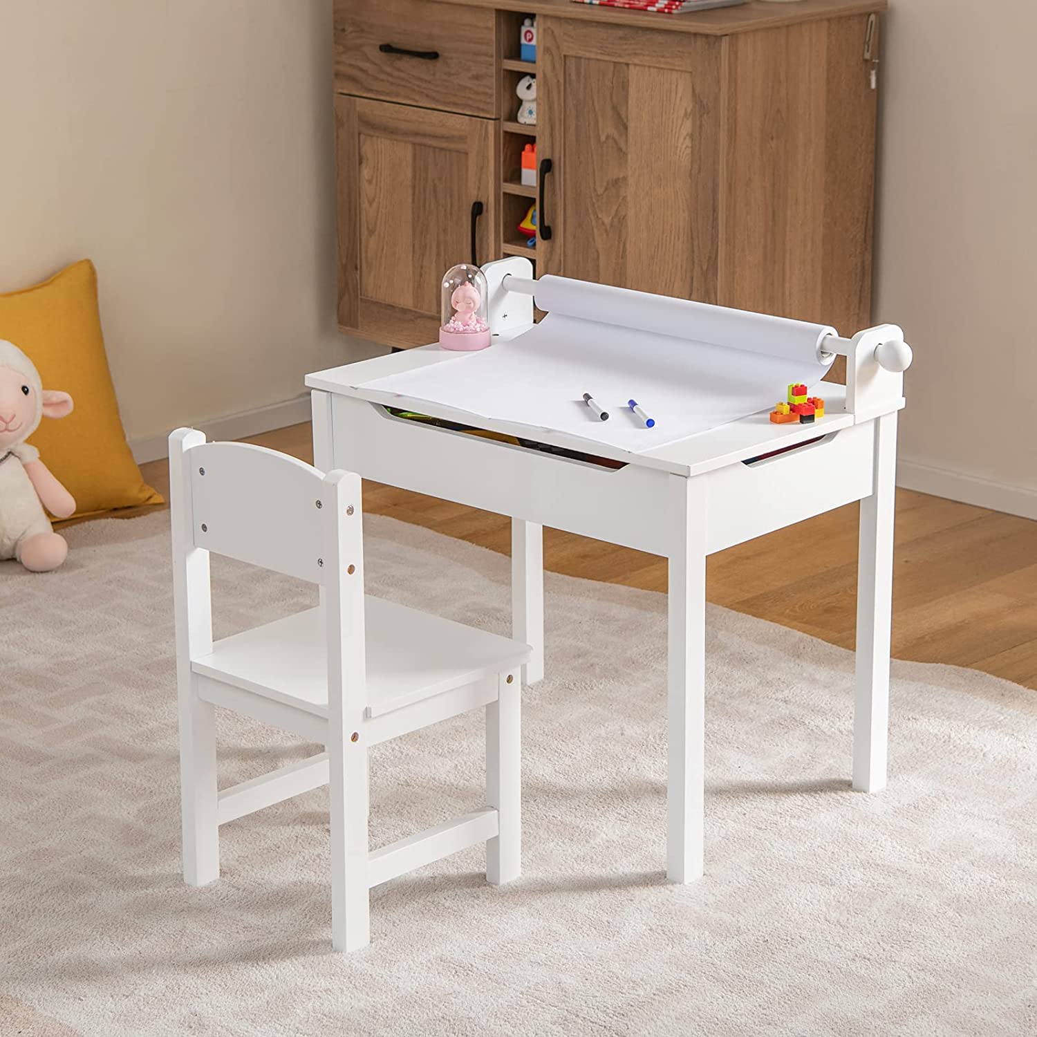 Kids Table and Chair Set with Paper Roll-White