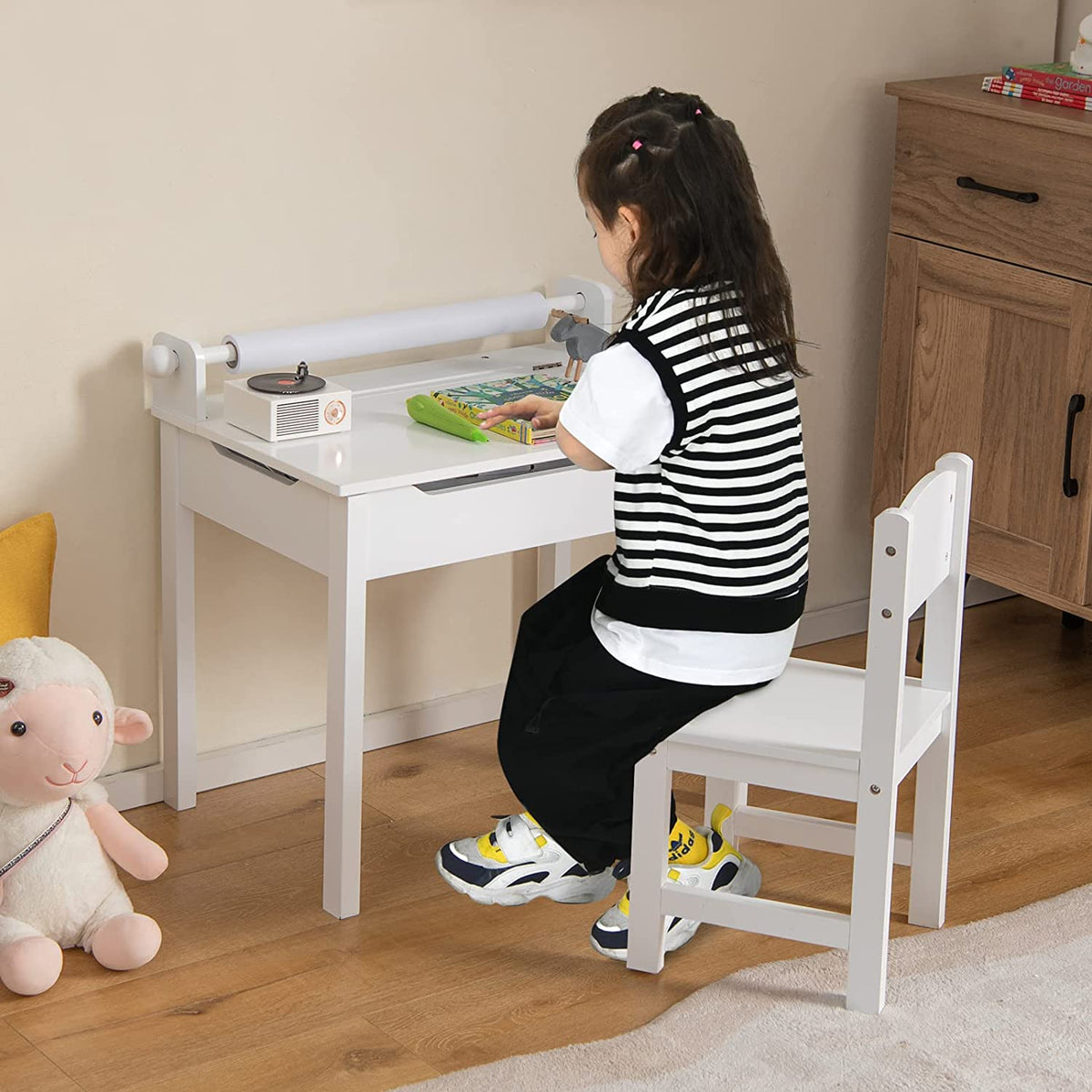 Kids Table and Chair Set with Paper Roll-White