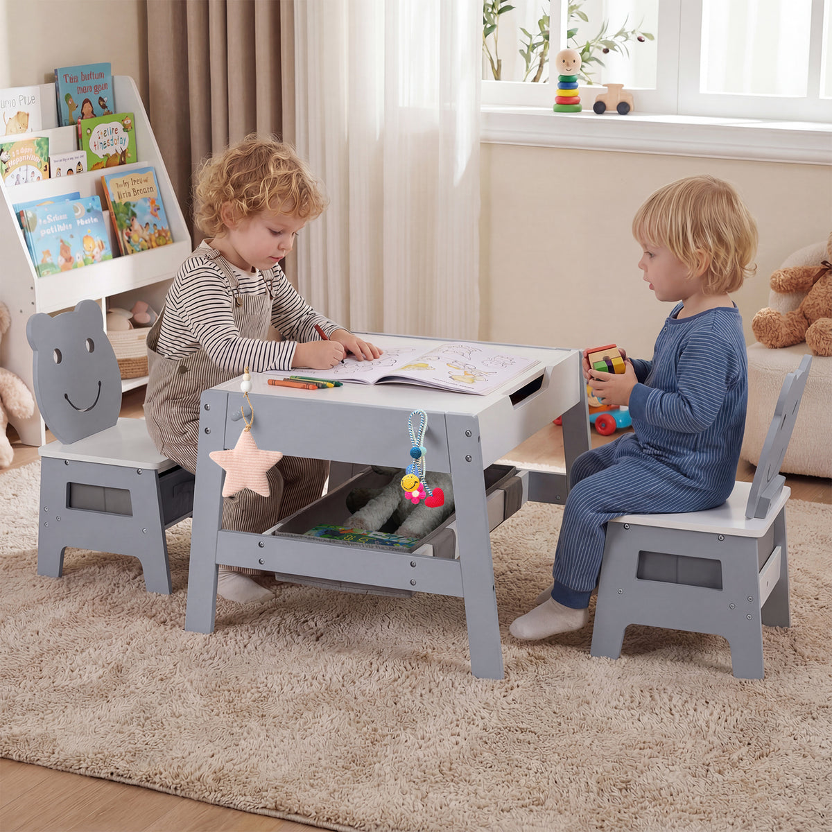 Versatile Kids Table and 2 Chairs Set with Detachable Double-sized Tabletop-Grey