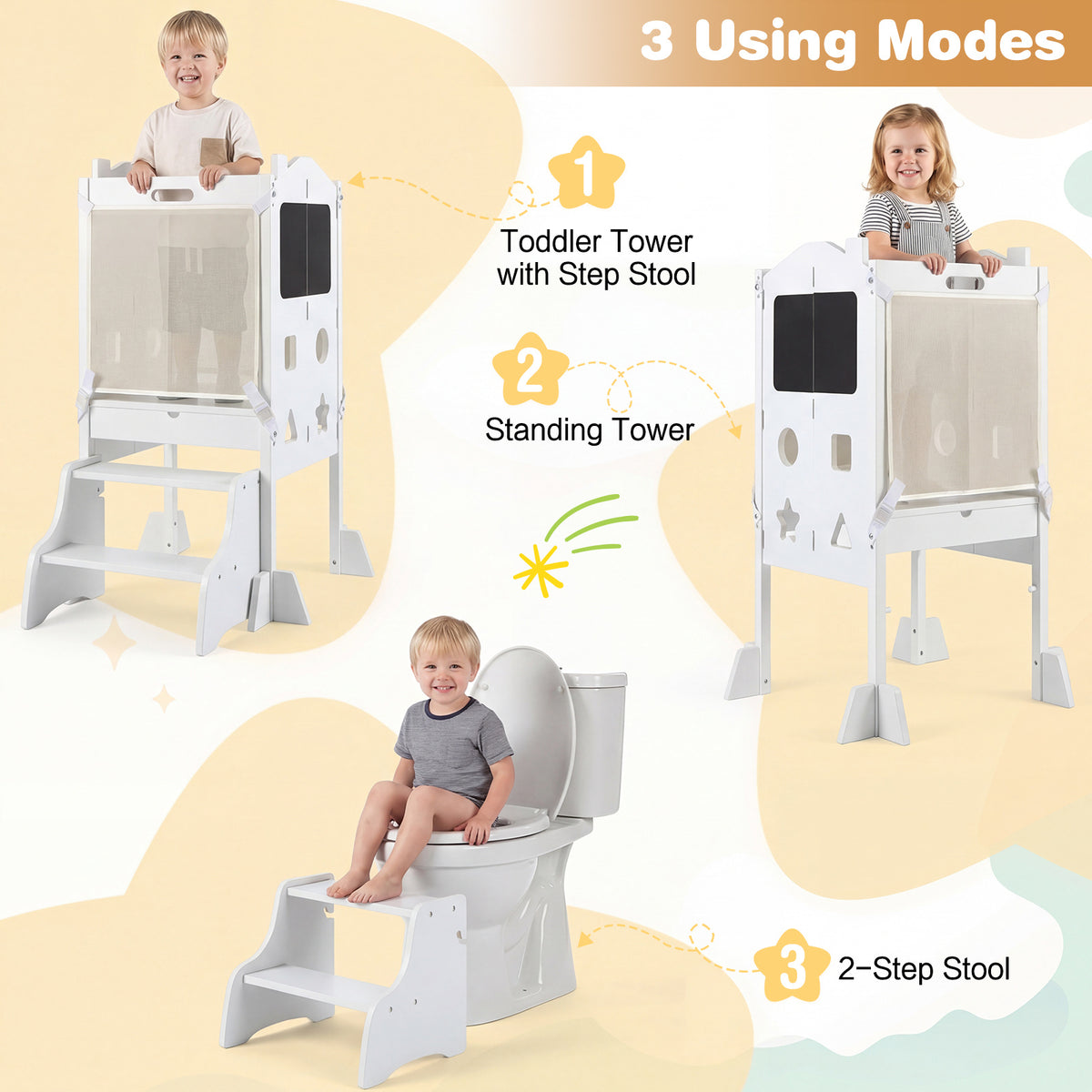 Foldable Toddler Step Stool with Chalkboards and 2-Step Stool for Boys and Girls Aged 2+-White