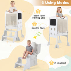 Foldable Toddler Step Stool with Chalkboards and 2-Step Stool for Boys and Girls Aged 2+-White