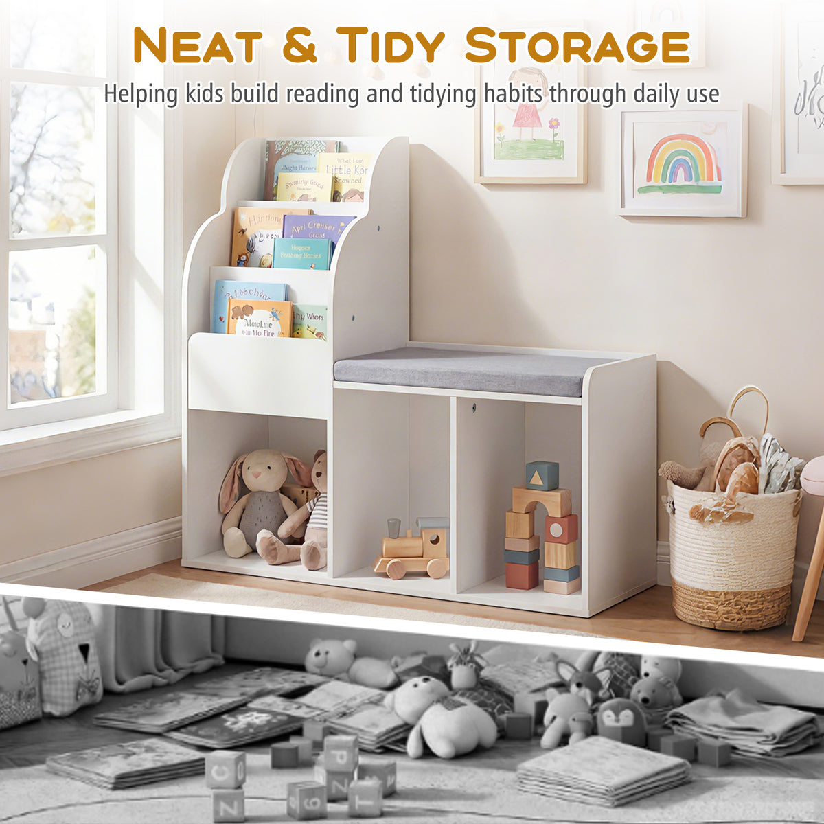Kids Reading Nook with Bench Wooden Toddler Bookcase with 3 Storage Cubbies-White