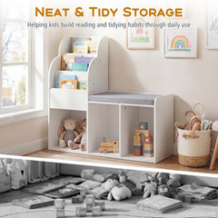 Kids Reading Nook with Bench Wooden Toddler Bookcase with 3 Storage Cubbies-White