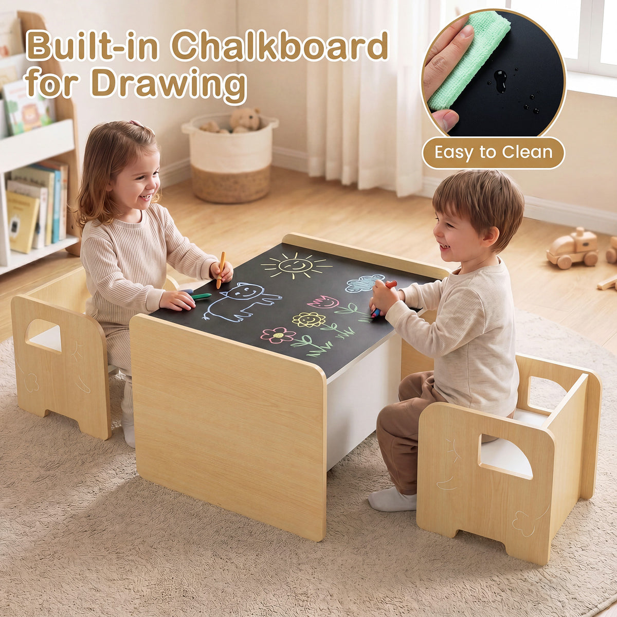 3 Pieces Kids Table and Chair Set with Chalkboard for Home-Natural