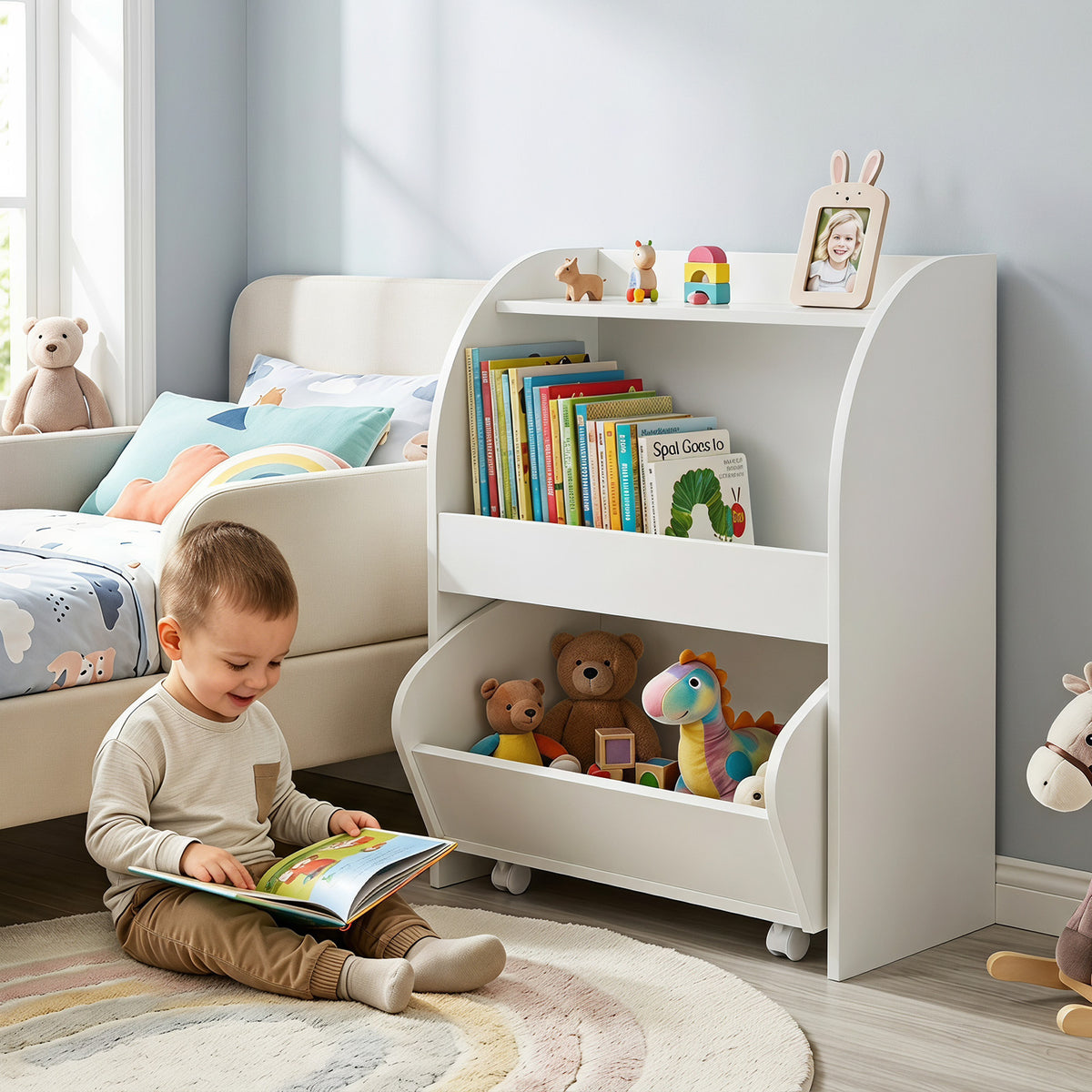 Children's Toy Storage Shelf with 2 Open Shelves and a Wheeled Drawer for Children's Bedroom-White