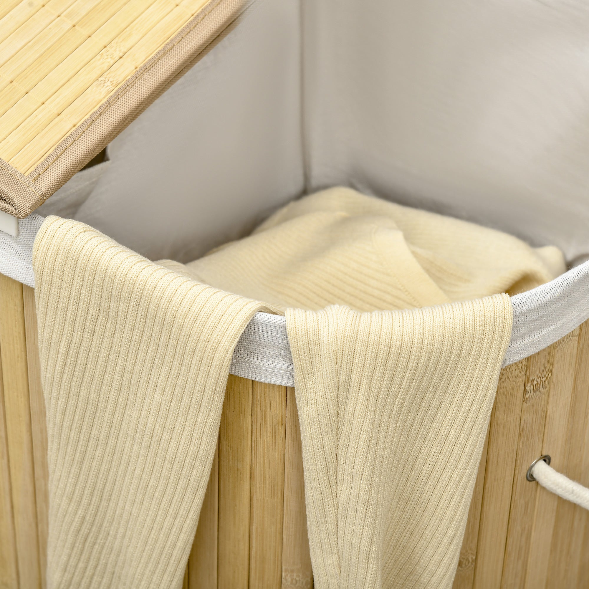 HOMCOM Bamboo Laundry Basket with Lid, 100 Litres Laundry Hamper with 2 Sections, Removable Washable Lining, Washing Baskets, 62.5 x 37 x 60.5cm, Natural