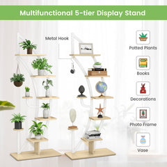 8-Tier Tall Wooden Curved Half-Moo Shape Plant Stand with Top Hook-White