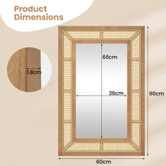 Rattan Wall Mirror Bohemian Rectangular Decorative Mirror with Wooden Frame-Natural