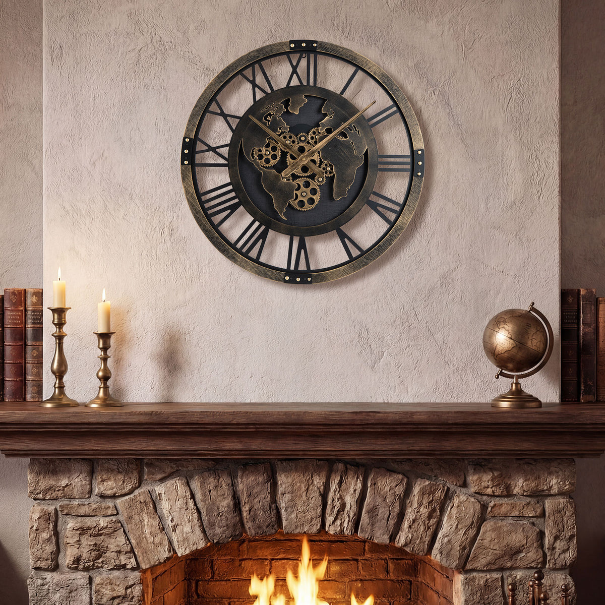 27" Large Wall Clock with World Map and Moving Gears-Brown