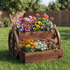 2-Tier Wooden Wagon Planter Box Decorative Raised Garden Bed with Wheels-Coffee