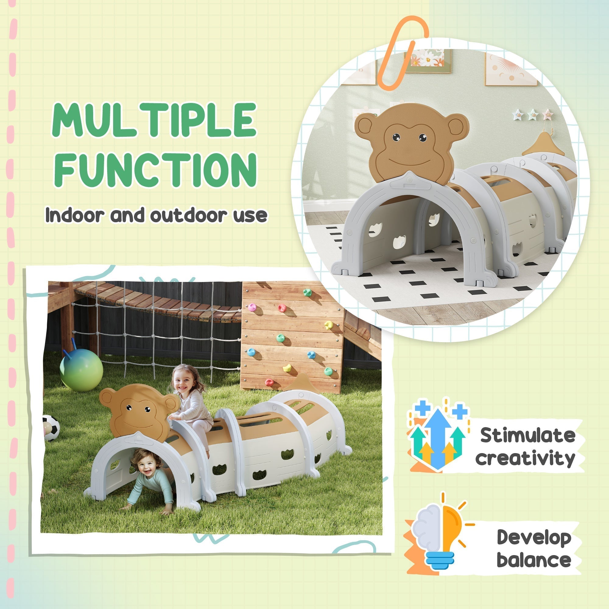 AIYAPLAY Monkey-Design Kids Play Tunnel for Crawling, Climbing, for ages 3-6 Years, Brown