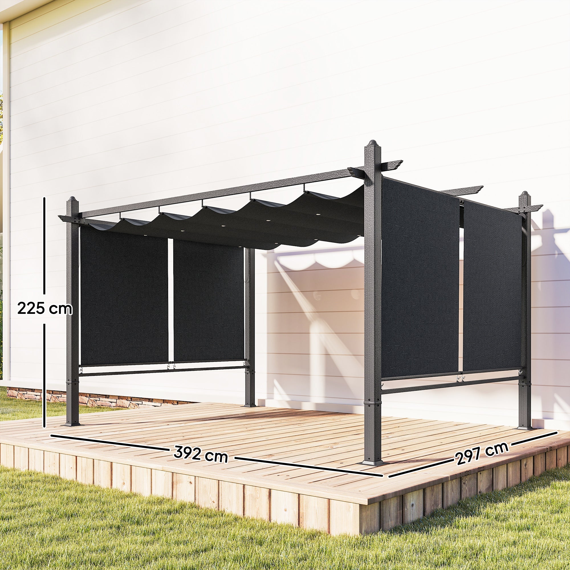 Outsunny 4 x 3 m Garden Pergola with Retractable Roof Canopy and Roll-Up Sides, Outdoor Gazebo Pergola Kit, Dark Grey