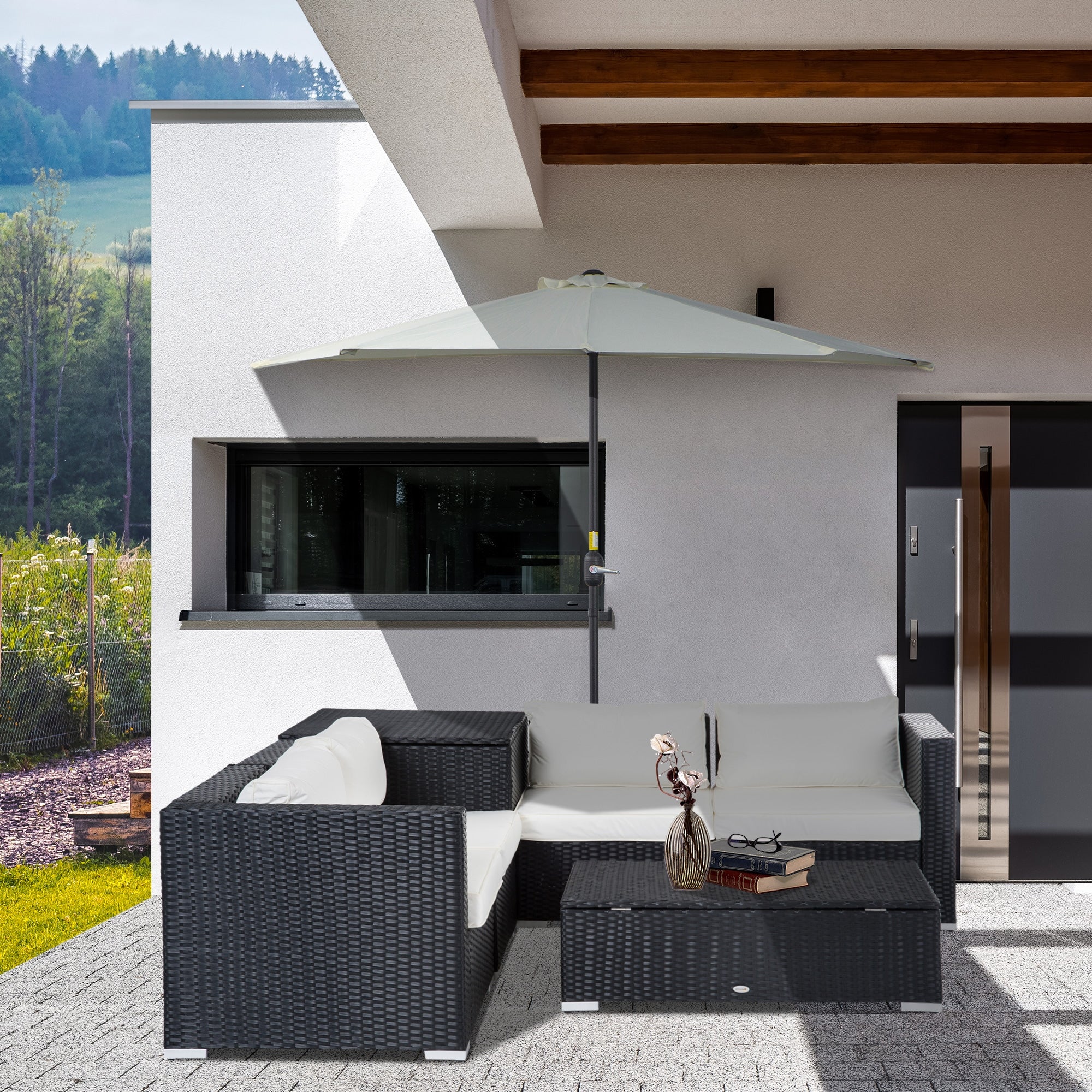 Outsunny 6 Pieces Rattan Garden Furniture Set, 4 Seater Wicker Garden Corner Sofa Set with 2 Storage Tables and Loveseats, Outdoor Conversation Furniture with Cushions for Conservatory, Patio, Black