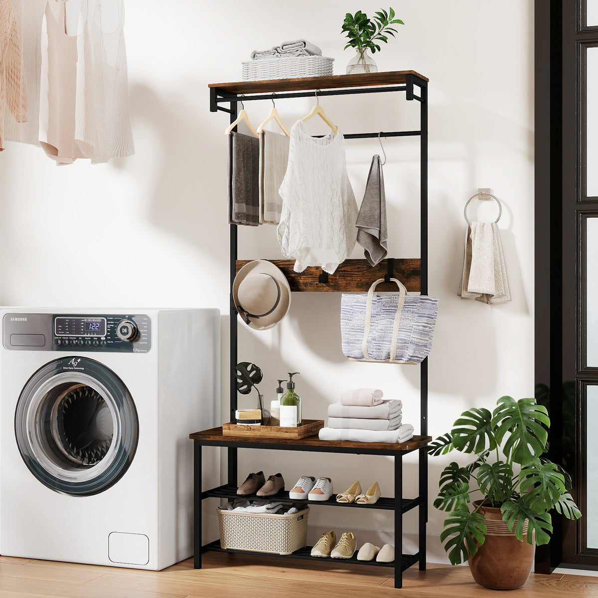 Hall Tree with Bench and Shoe Storage with Hanging Bars-Rustic Brown