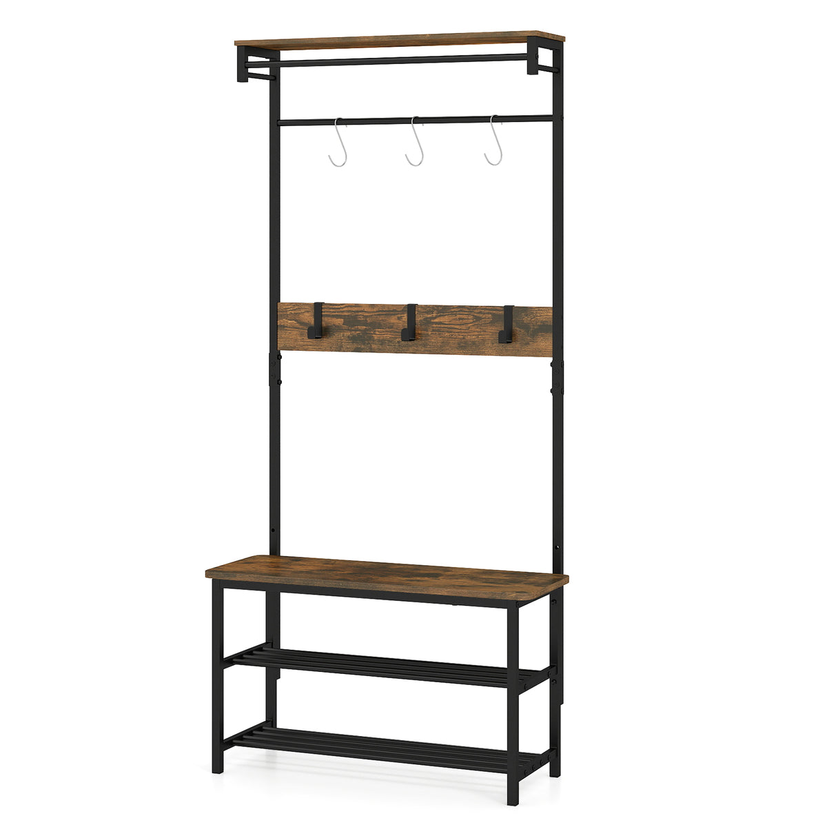 Hall Tree with Bench and Shoe Storage with Hanging Bars-Rustic Brown