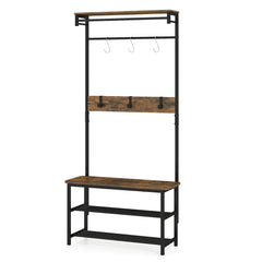 Hall Tree with Bench and Shoe Storage with Hanging Bars-Rustic Brown