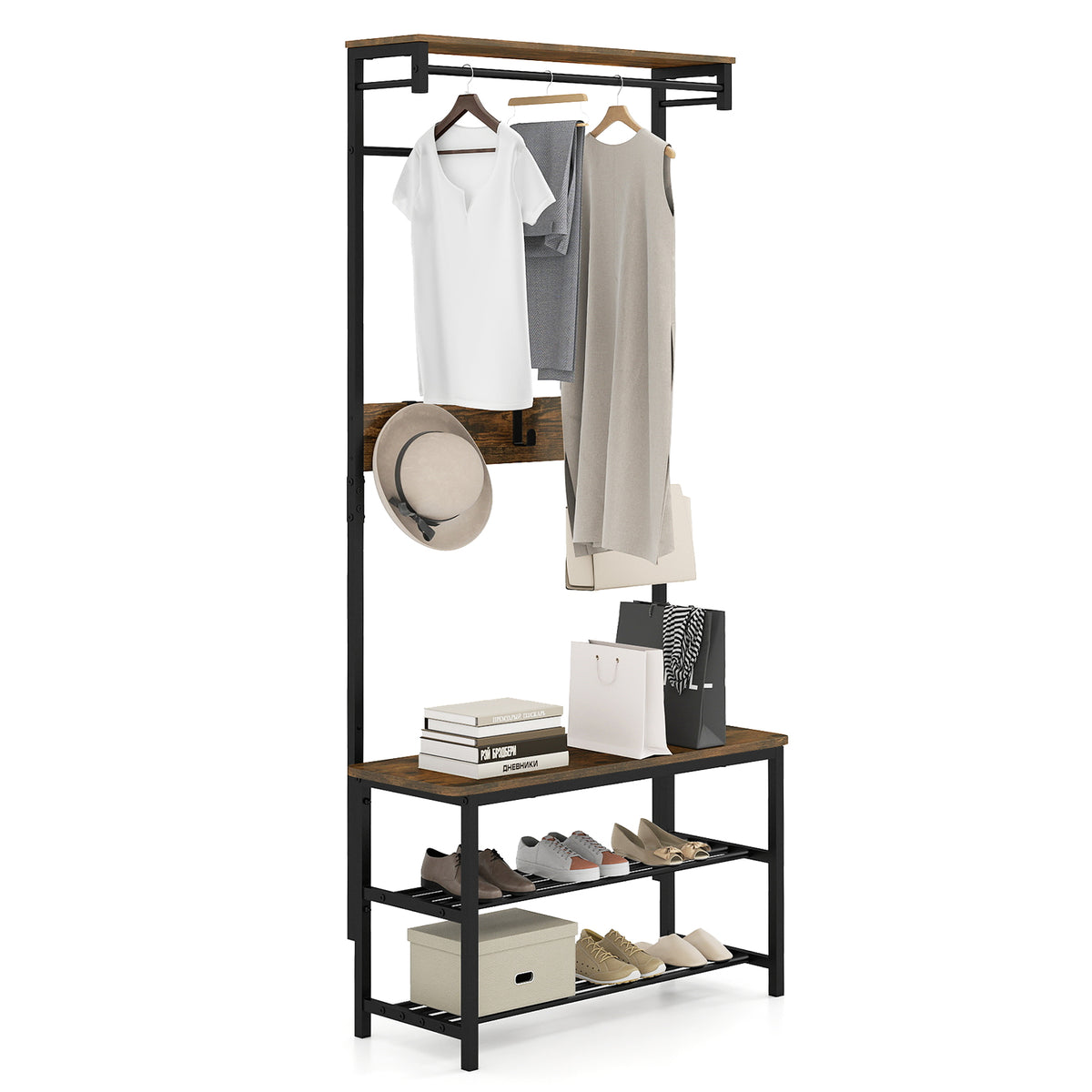 Hall Tree with Bench and Shoe Storage with Hanging Bars-Rustic Brown