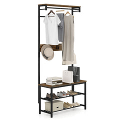 Hall Tree with Bench and Shoe Storage with Hanging Bars-Rustic Brown