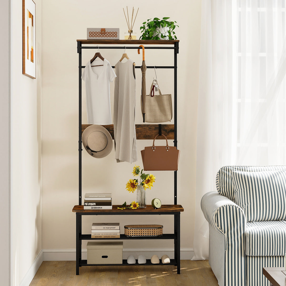 Hall Tree with Bench and Shoe Storage with Hanging Bars-Rustic Brown