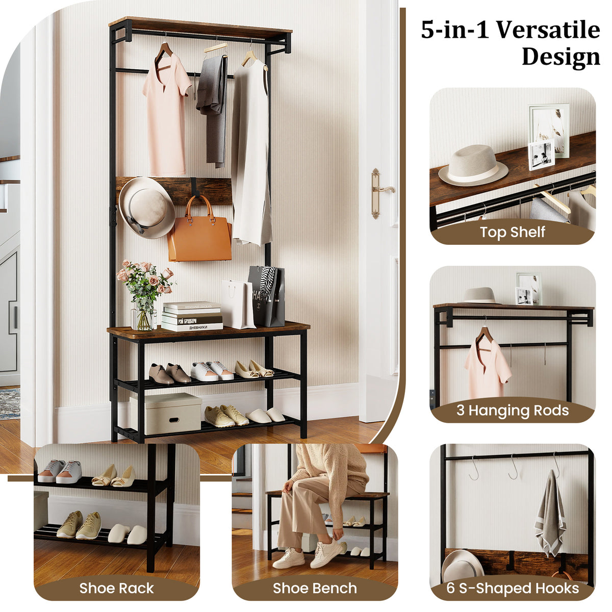 Hall Tree with Bench and Shoe Storage with Hanging Bars-Rustic Brown