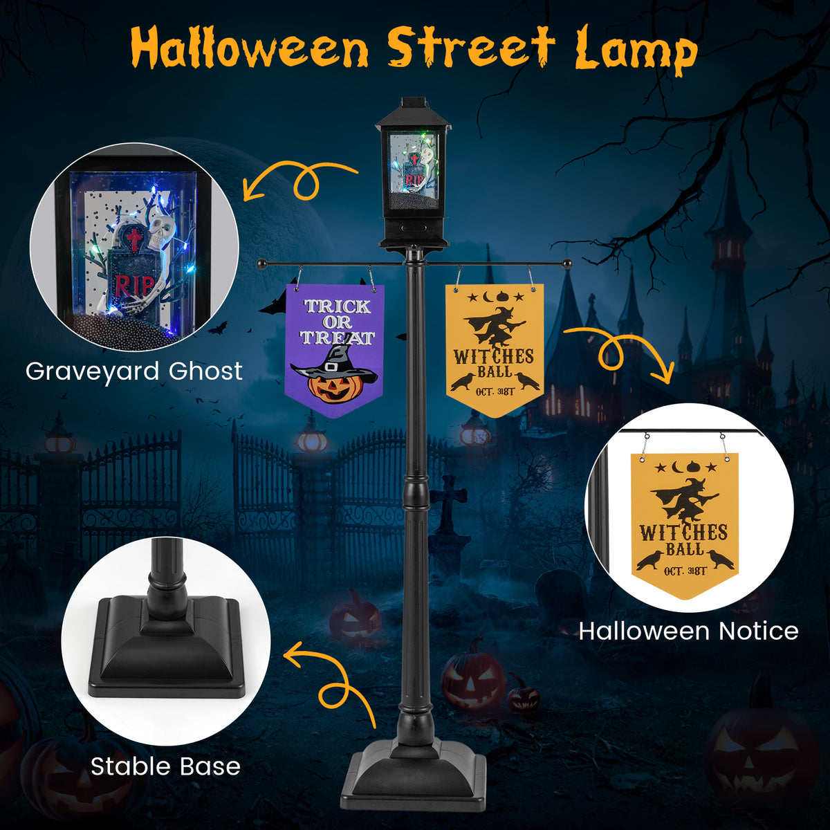156 CM Halloween Lamp Post Sound-Activated Halloween Street Lamp-Black