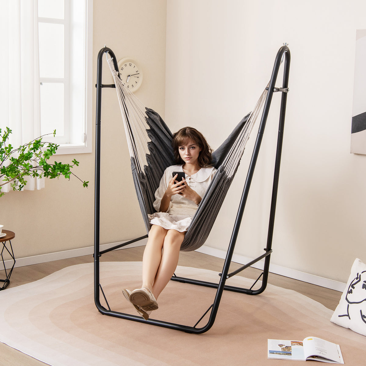 Hammock Chair with Stand and Side Pocket for Living Room Patio and Yard-Dark Grey