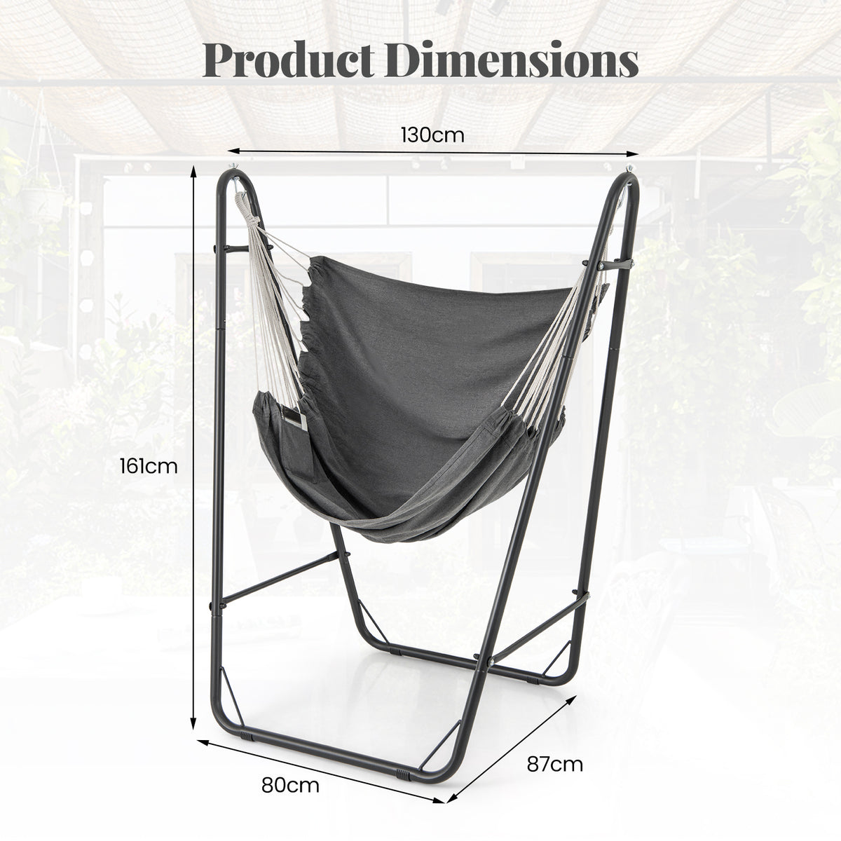 Hammock Chair with Stand and Side Pocket for Living Room Patio and Yard-Dark Grey