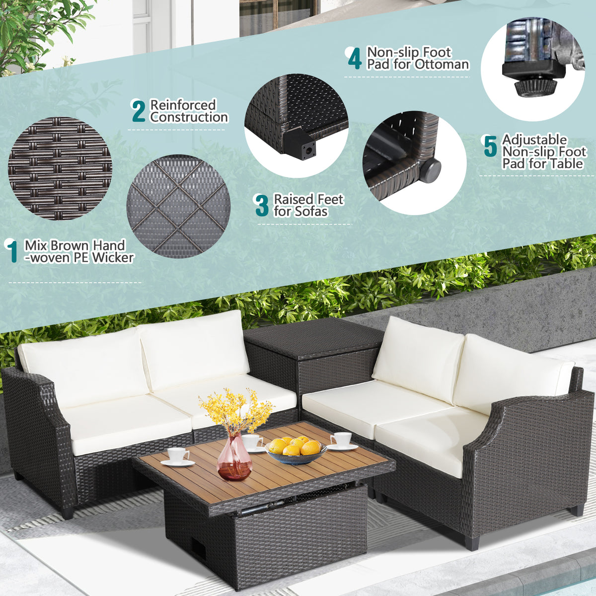 7 Pieces Patio Outdoor Hand-Woven PE Wicker Furniture Set-Off White