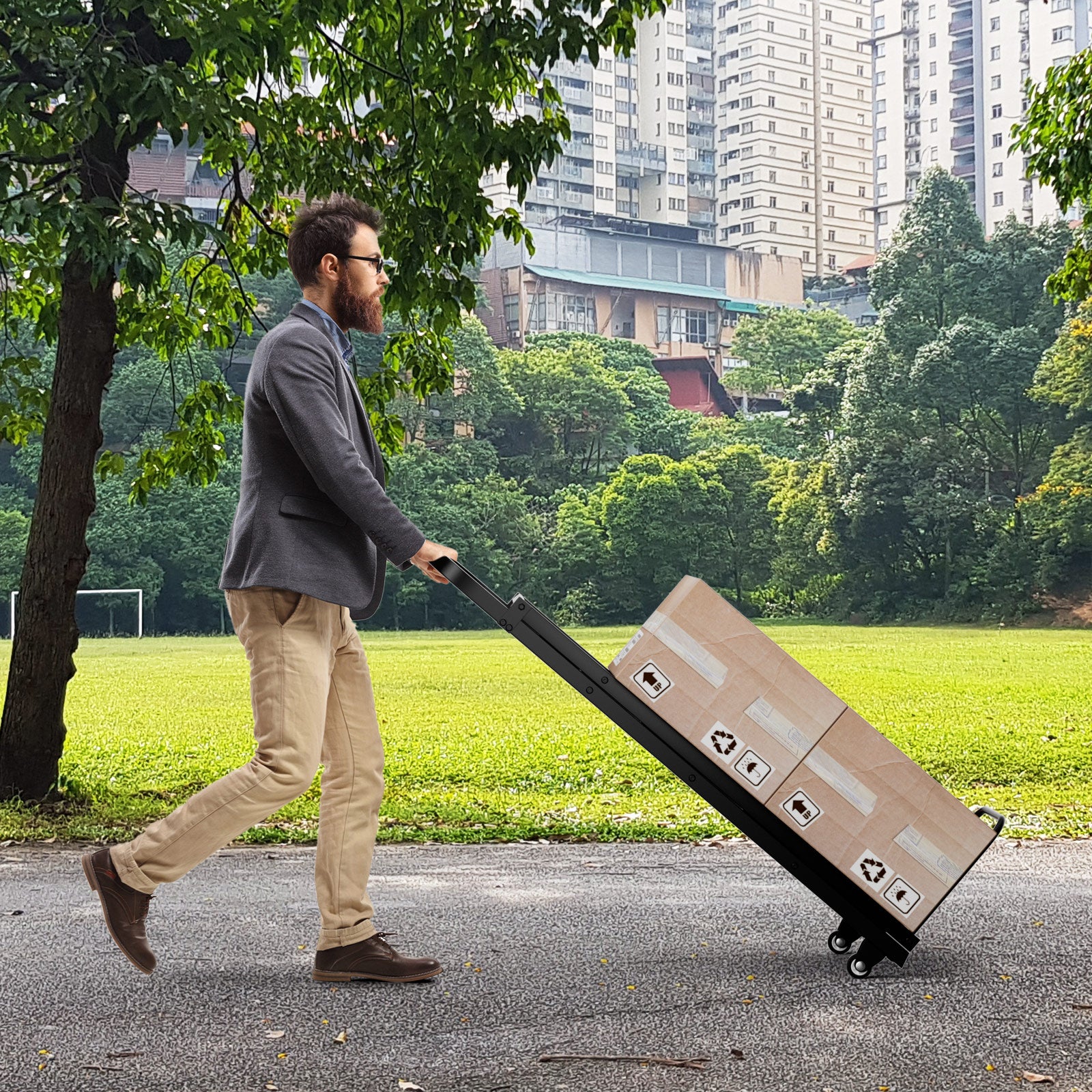 2-In-1 Hand Truck and Ladder Foldable 3-Step Ladder with Non-slip Wide Pedals-Black