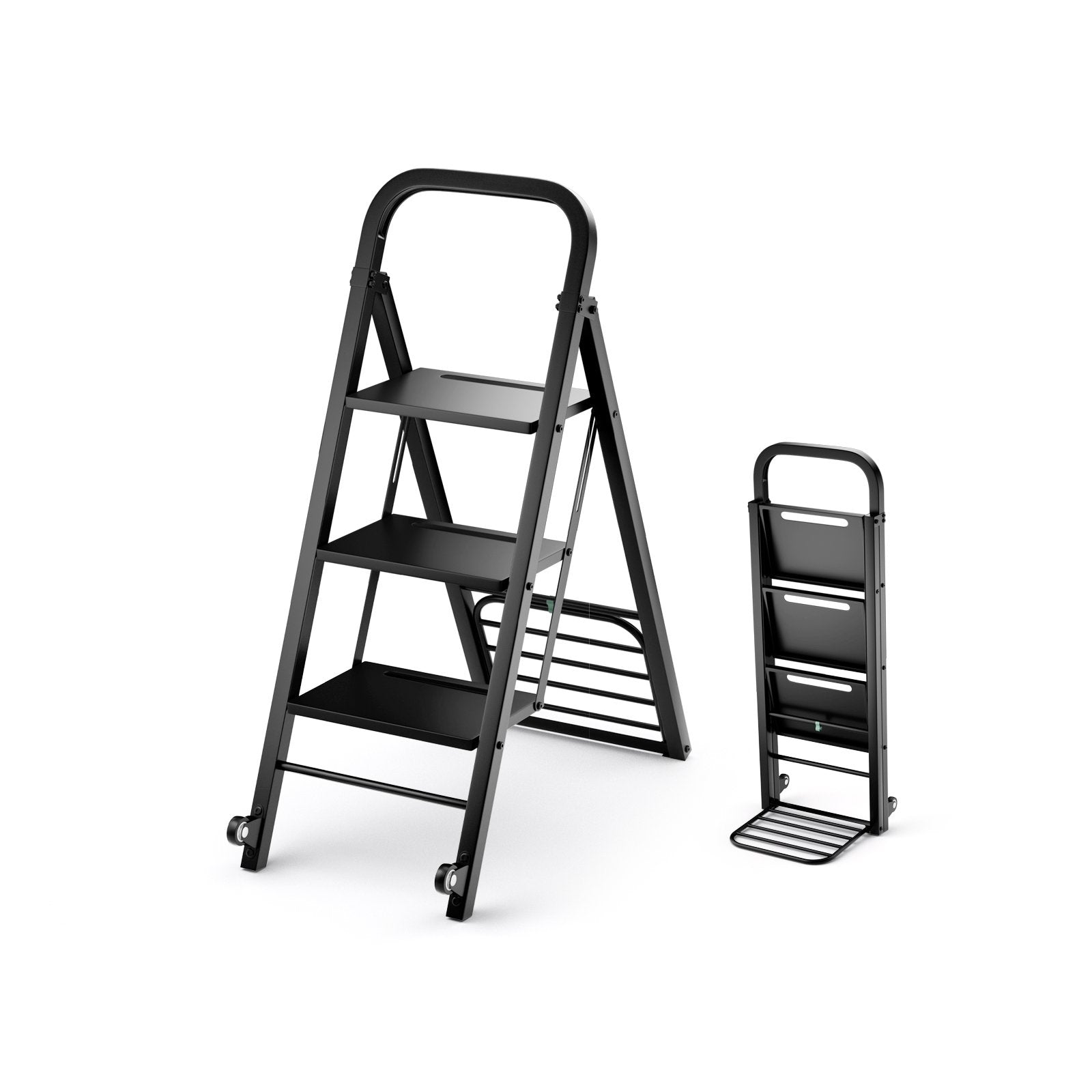 2-In-1 Hand Truck and Ladder Foldable 3-Step Ladder with Non-slip Wide Pedals-Black