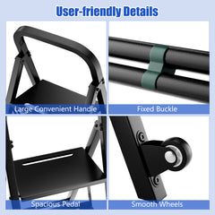 2-In-1 Hand Truck and Ladder Foldable 3-Step Ladder with Non-slip Wide Pedals-Black