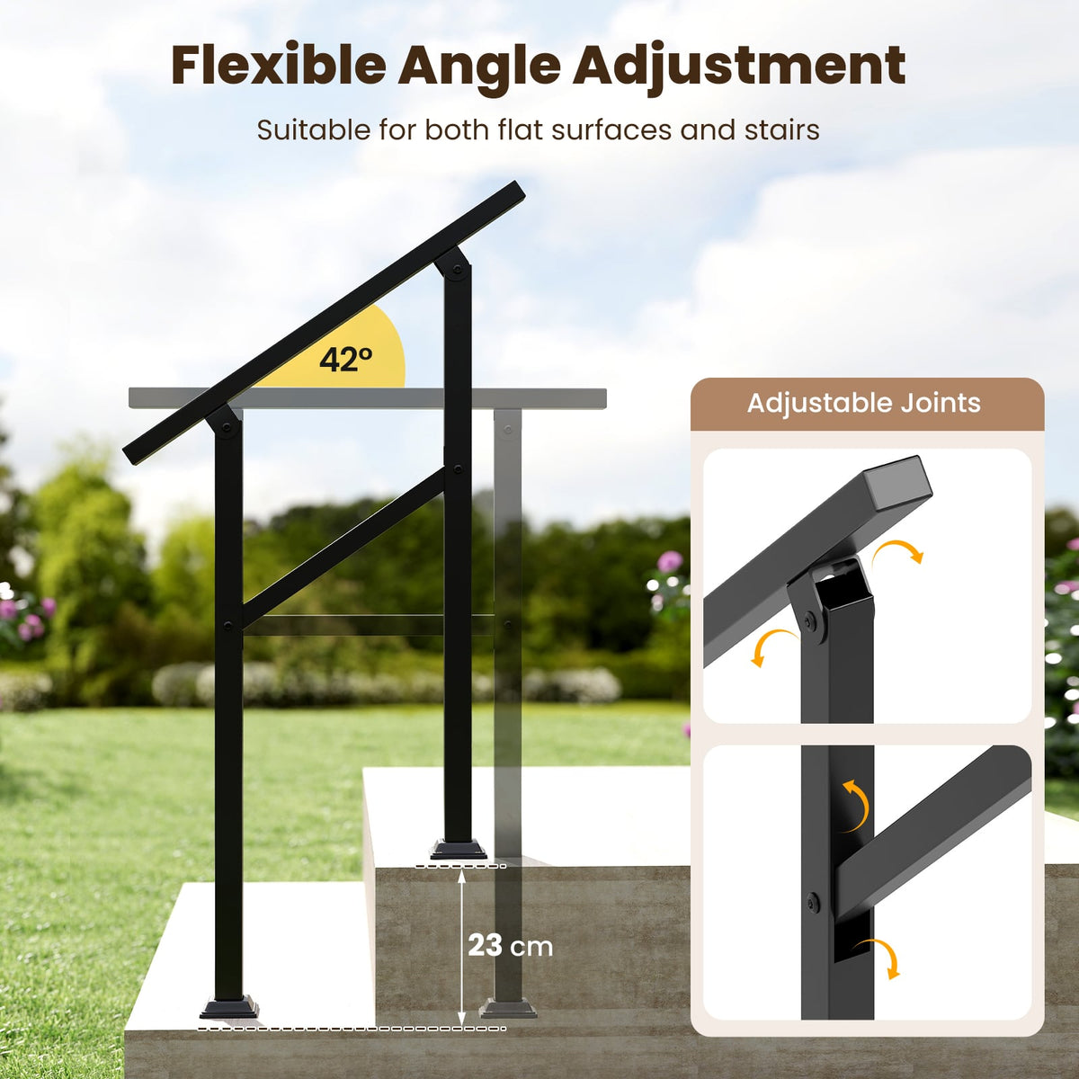 Handrail for Outdoor Steps Fits 0-2/3/4/5/6 Steps with Flexible Angle Adjustment-2 step