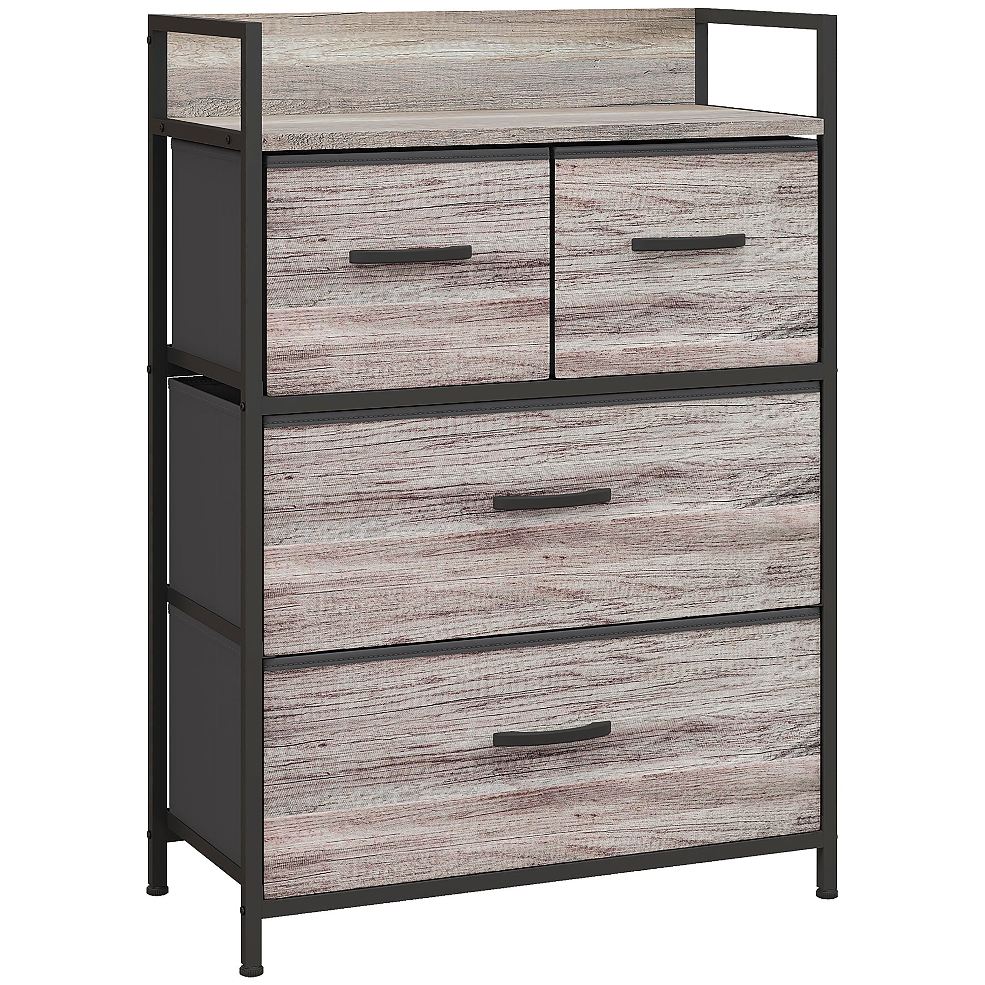 HOMCOM Rustic Chest of Four Fabric Drawers - Grey Wood Effect