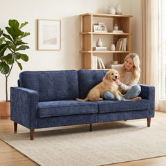 HOMCOM 3 Seater Sofa Button Tufted Upholstered Couch with Wood Legs for Living Room, Dark Blue