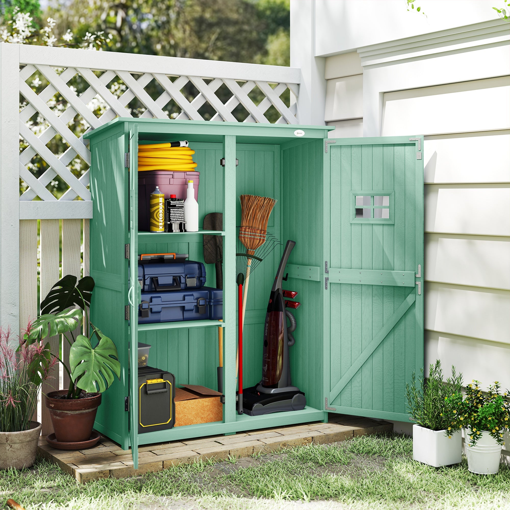 Outsunny Wooden Garden Shed with Two Windows, Tool Storage Cabinet, Outdoor Double Door organiser 127.5L x 50W x 164H cm, Green